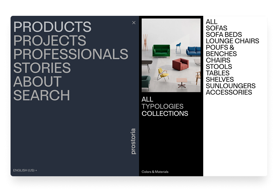 Prostoria main navigation: products, projects, professionals and stories, with typologies and collections