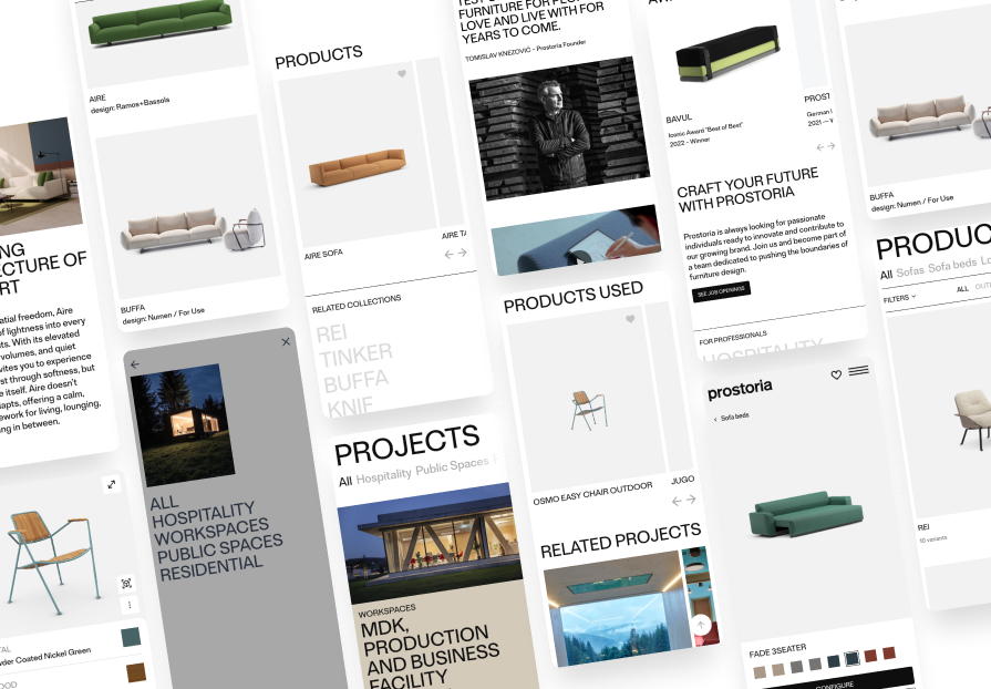 Desktop and mobile screens from the Professionals section: project references, products used and related projects