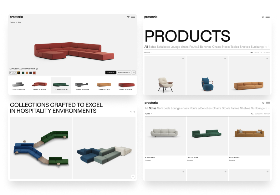 Sofa composition page with configure and quote actions, alongside product listings and hospitality collections