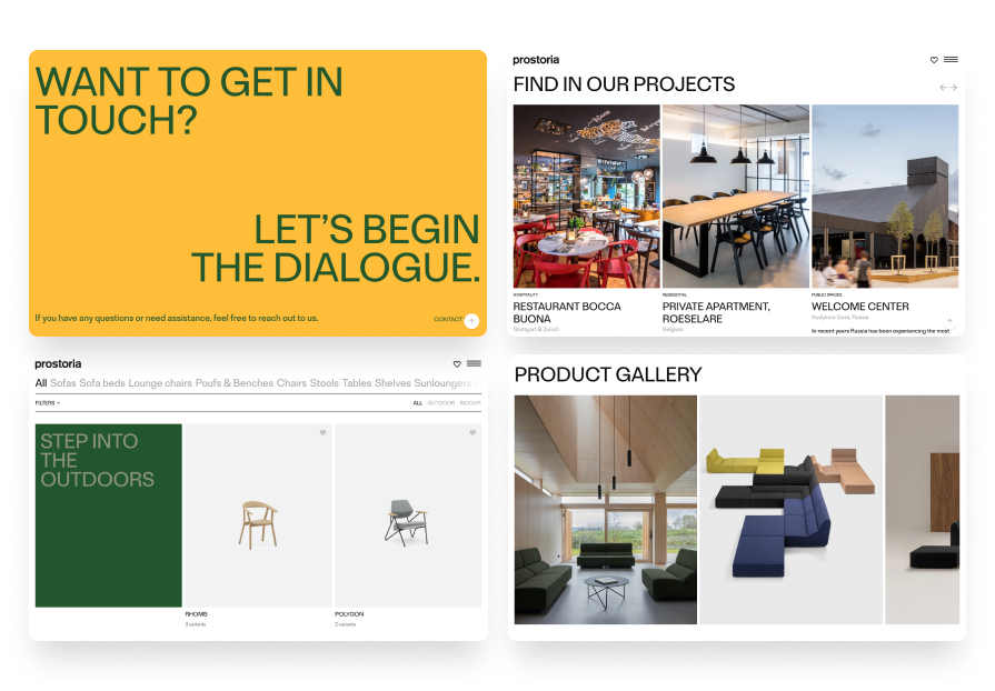 Prostoria site screens: filtered product listing, project references and the enquiry call to action